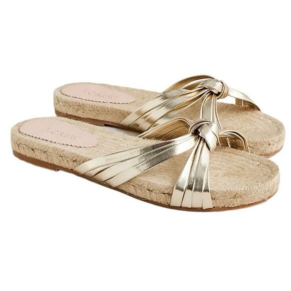 J.CREW Gold Knotted Slide Sandals Metallic Espadrille Woven Flats Size 6 NWOB - Picture 1 of 7